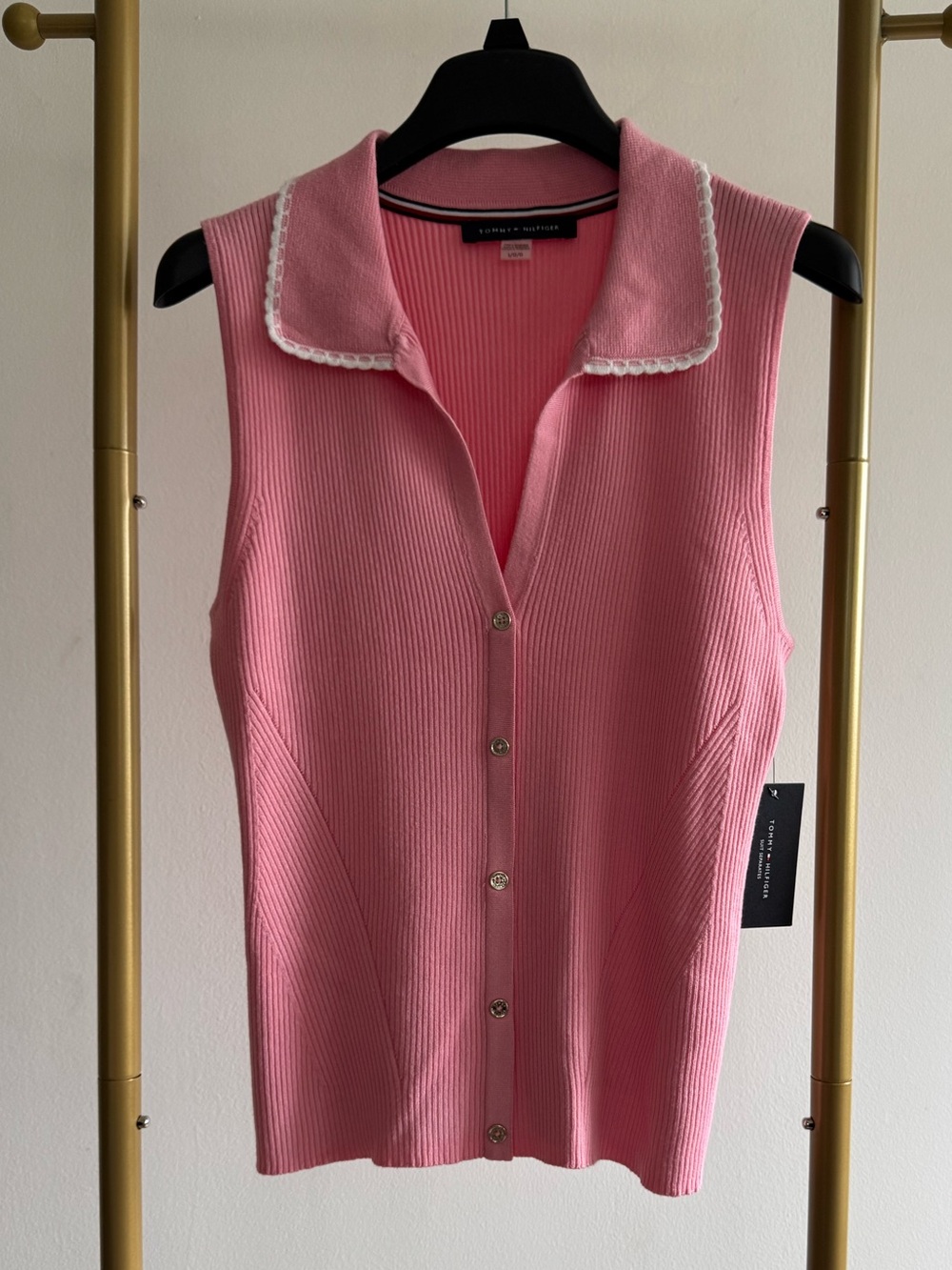 Tommy Hilfiger Pink Sleeveless Button-Front Knit Tank with White Trim